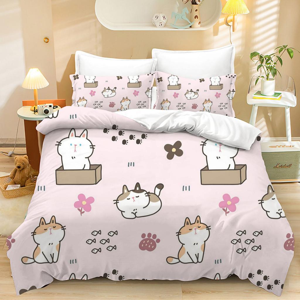 Pet Cat Duvet Cover for Kids Boys Girls, Cute Little Cat Cartoon Comforter Cover Set Queen Size Lively Kids Rainbows Duvet Cover