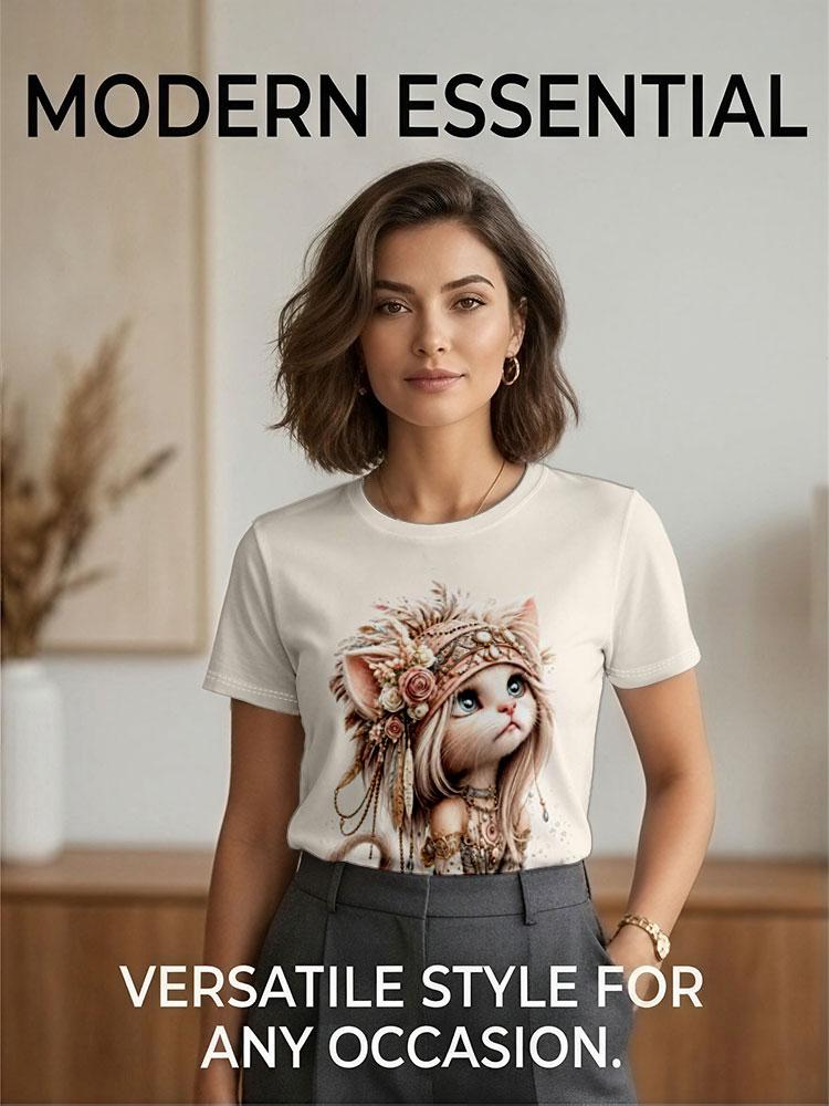 Women's O-Neck Short Sleeve T-Shirt, Polyester Fabric, 2D Bohemian Cat Print Casual Tee for Commute Daily Wear