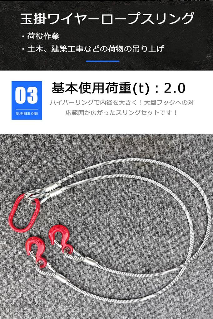 2-leg Wire Rope Sling, 1.5m, 2000kg (2t) Capacity, with Lifting Hook Ring. [2-leg, 2.0t]
