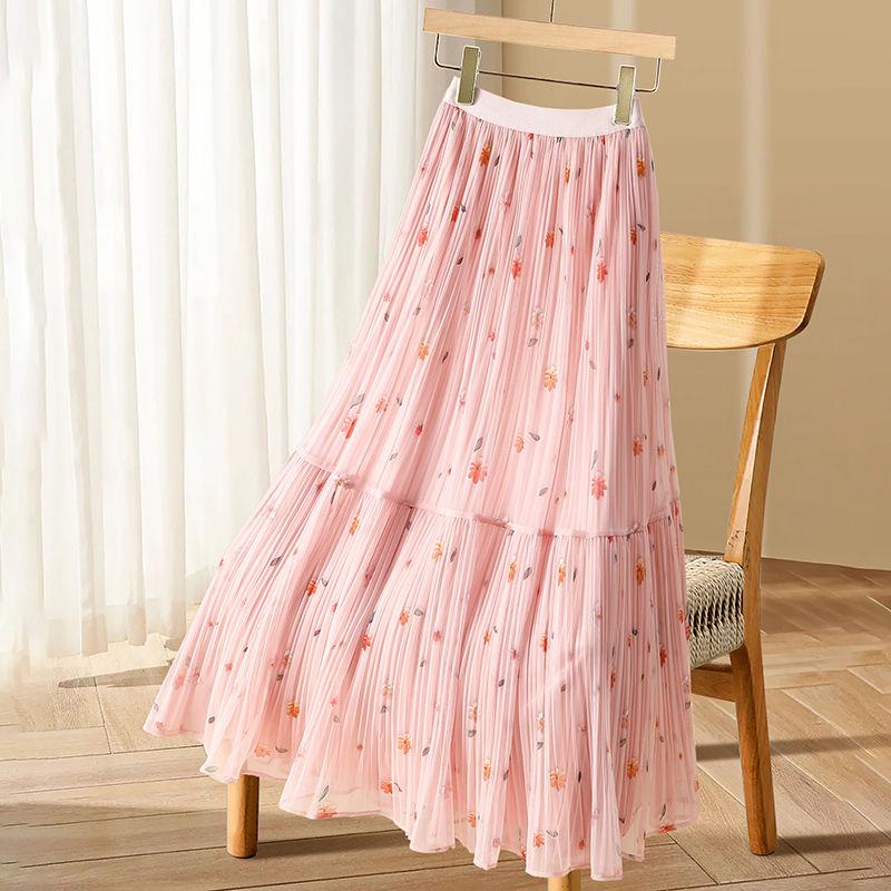 Floral Midi Skirt for Women High Waist Mid Length A-line Pleated Skirt Large Swing Yarn Skirt