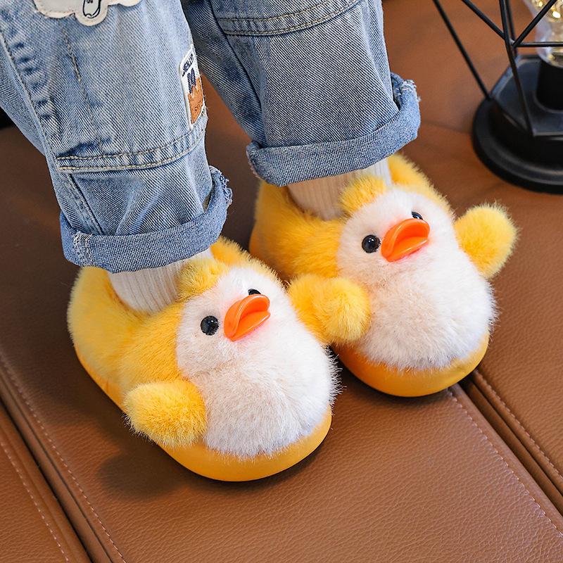 Children's Winter Cartoon Duck Slippers - Warm Velvet, Thick Sole, Indoor Cotton Shoes with Heel