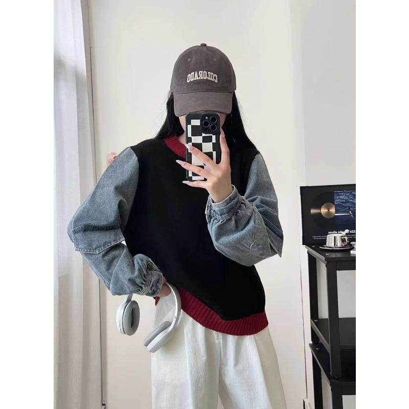 Splicing denim design knitted sweater top autumn and winter new loose casual contrasting sweater pullover women