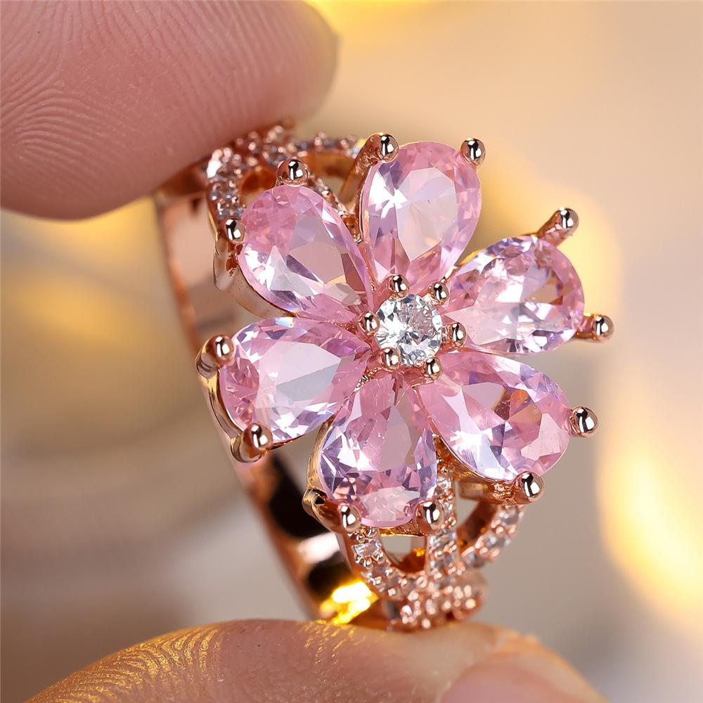 Vintage Female Pink Crystal Jewelry Cute Rose Gold Color Wedding Flower Rings For Women Luxury Engagement Valentines Day Gift