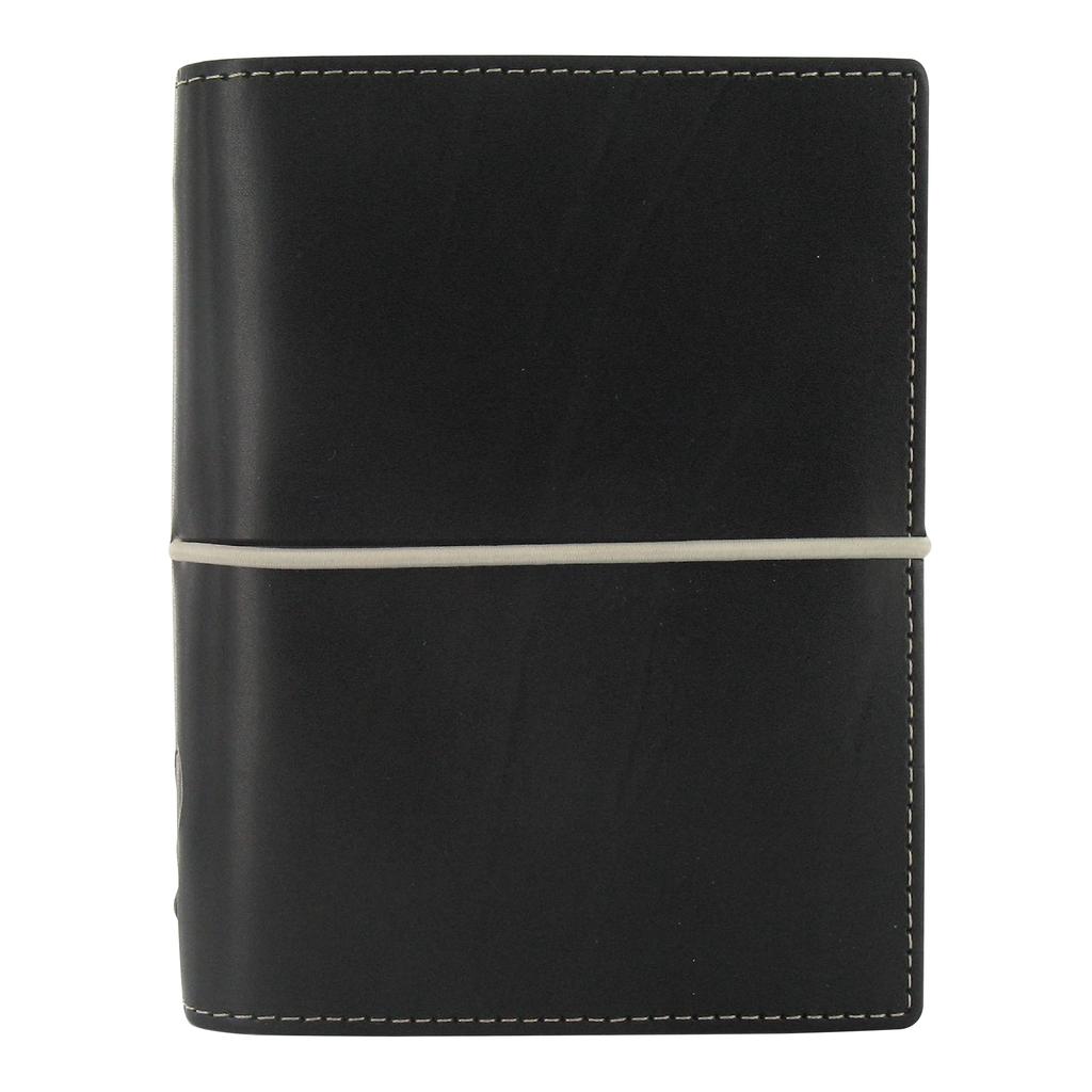 Filofax Domino Organizer Pocket Size Black contrast 6 weekly multilingual 2024 - Leather-like finish, stitching, rings, calendar, diary, (C027846-24)