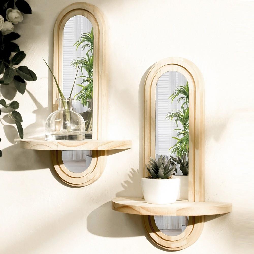 Arched Oval Makeup Mirror Multifunctional Plant Display Stand Durable Boho Wall Mirror  Living Room