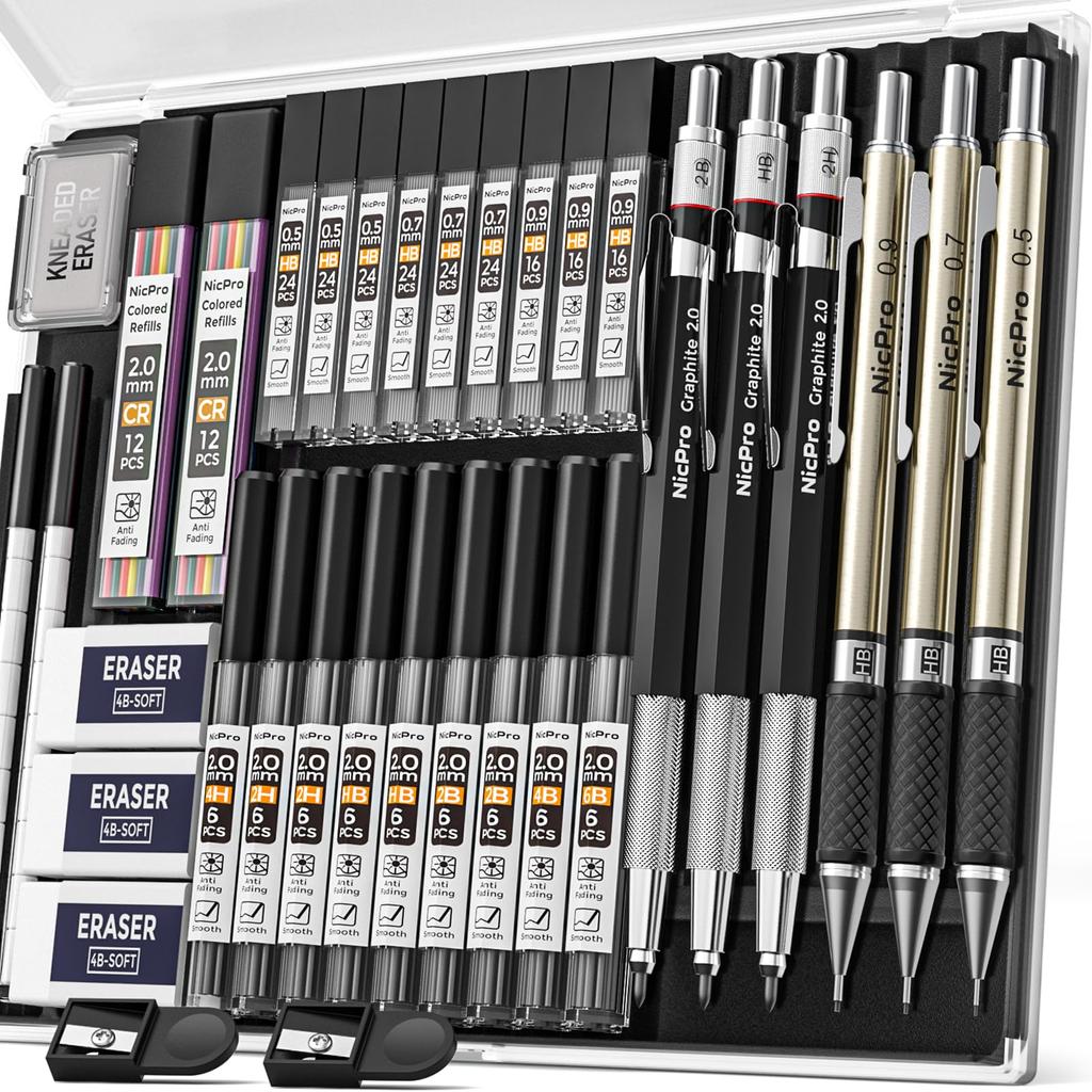 Nicpro Premium Mechanical Pencil Set and with Pencil 20 Leads and 3 Erasers Perfect for and Drawing 6-Piece (0.5, 0.7, 0.9, 2mm) Case, (6B, 4B, 2B,