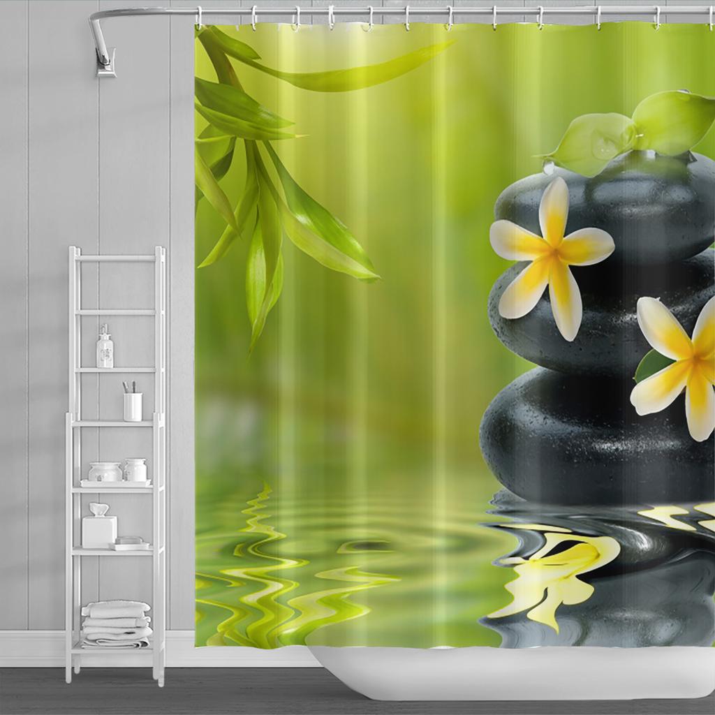 Venkovská krajina Sprchové závěsy Potok Kámen Lotos Buddha Koupelnový závěs Přírodní scenérie Vodotěsná Koupelna Domácí dekorace s háčky