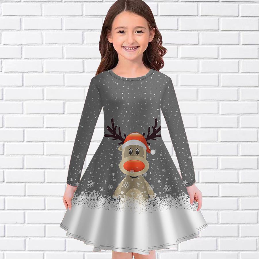 Girl Casual Christmas Reindeer Print Round Neck Long Sleeve Dress Kid Princess Dress