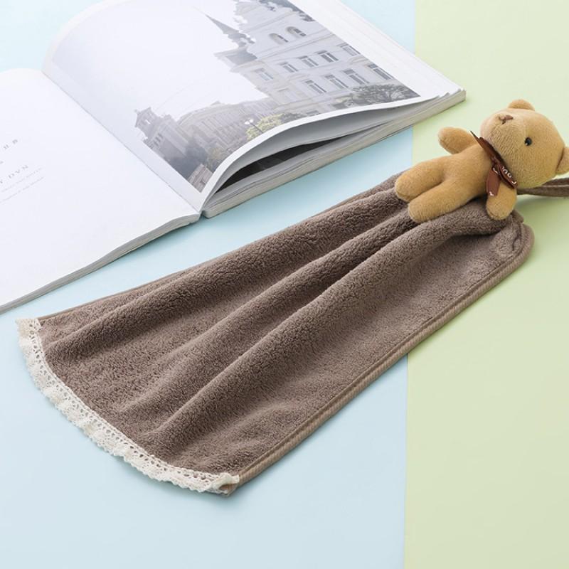 Soft Coral Fleece Hand Towel With Bear Design Hanging Kitchen Home Bathroom Use 28x32 cm