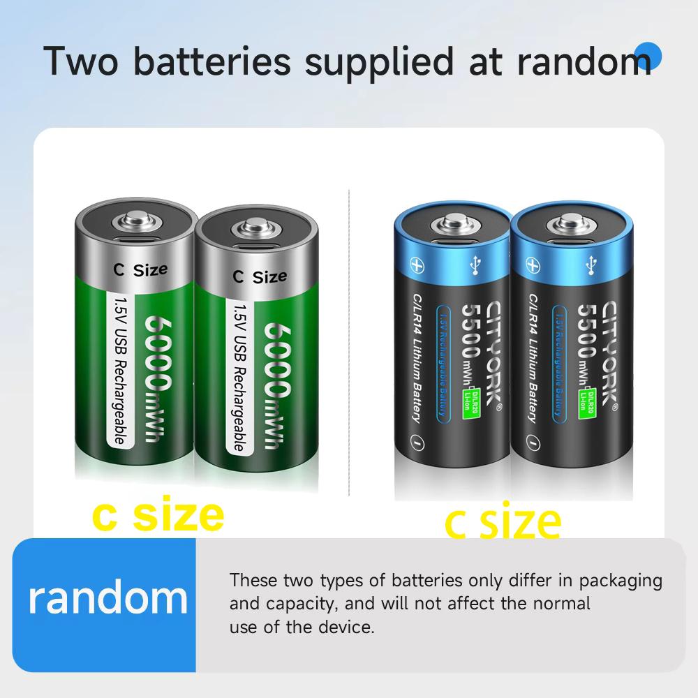 Cityork Wiederaufladbarer Akku der Größe 1,5 VC Typ C mit USB-Aufladung R14 LR14 Li-Ionen-C-Akku für Taschenlampen-Gasherde