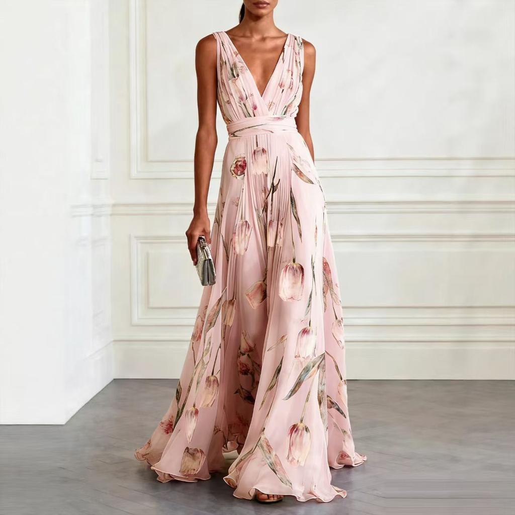 Women Sleeveless V Neck Waist Zip Floral Print Evening Gown Dress with Flowing A Line for Formal Occasions