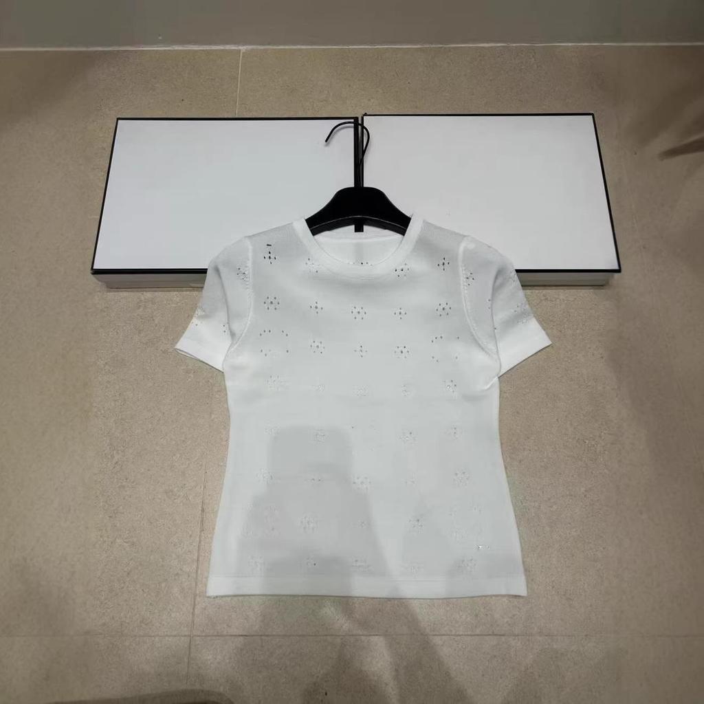 European Style High-Quality Perforated Logo Round Neck Knit Short Sleeve Casual Top for Women - 2026 Summer New Arrival