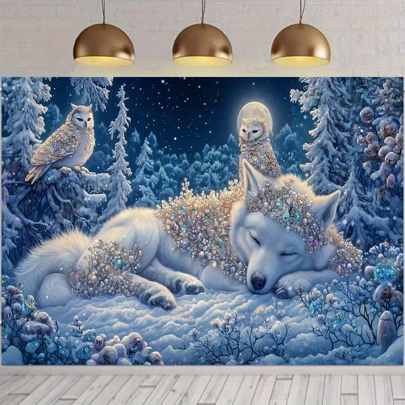 2D Winter Moon Wolf Backdrop Crystal Owl Snowy Forest Photography Background