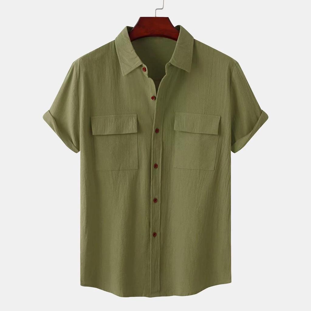 Men's Summer Solid Color Cotton Linen Short Sleeve Shirt Casual Fashion Loose Lapel Shirt
