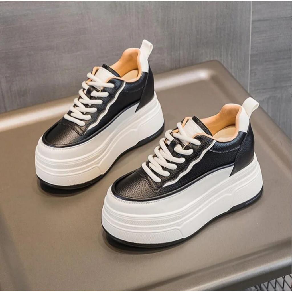 Genuine Leather Flats Casual Sneakers Women 2024 New Chunky Platform Sports Shoes Ladies High Heels Designer Tennis Thick Bottom