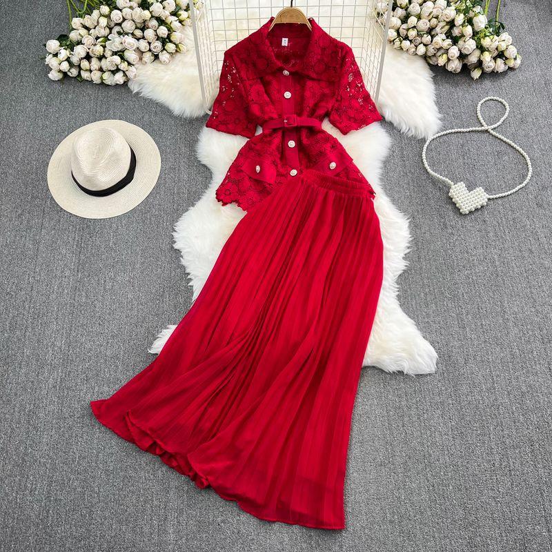 Single-Breasted Lace Pleated Skirt Fashion Suit