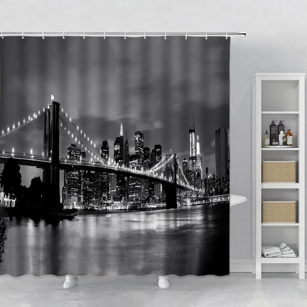 Landscape Shower Curtain New York City Night Scenery Waterproof Bath Curtain Set Polyester With Hook Bathroom Supplies Decorate