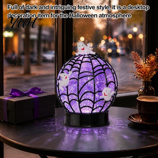 Halloween Night Light Ghost Glitter Ball Lamp, Glowing Spiderweb Faux Crystal Sphere Light, Lamp Purple Glow Spider for Holiday Party Table Decoration