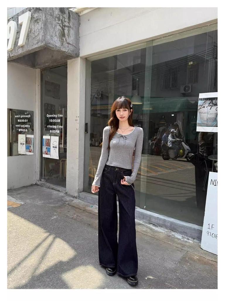 Women's Sweet & Spicy Bow Tie Lace Spliced Long Sleeve Slim Fit Top