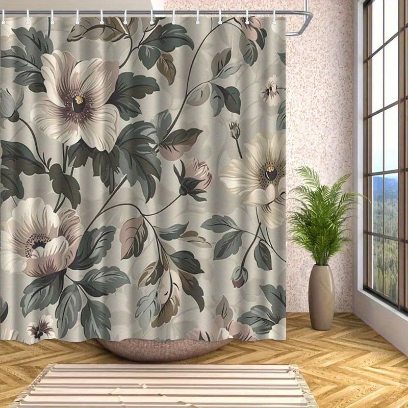 1pc Grey and beige botanical patterned shower curtain, polyester fabric, machine washable, suitable for bathroom decor.
