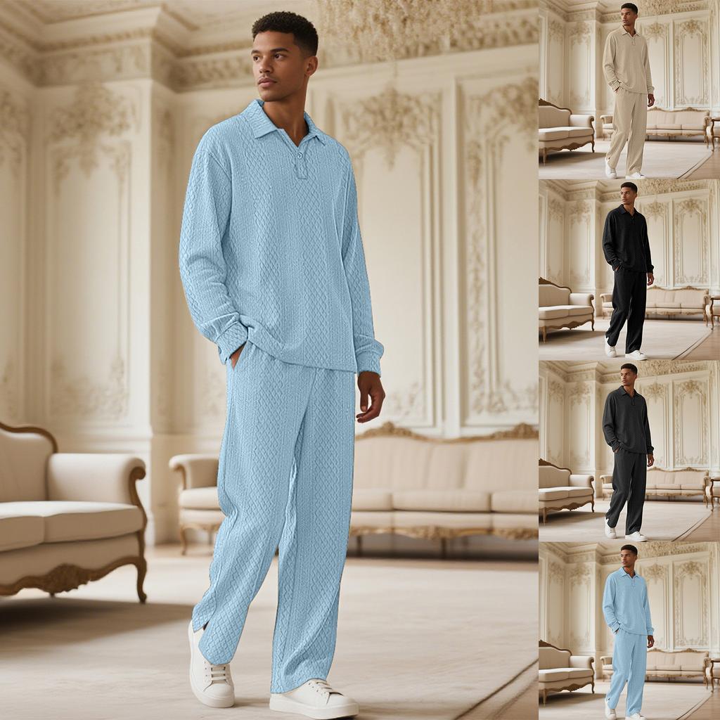Solid-Color Textured Casual Collared Pullover Long-Sleeve Top And Pants Sports Set