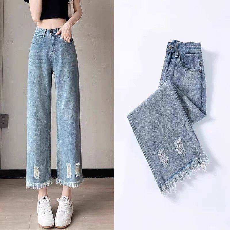 High Waist Ripped Jeans Summer Thin Loose Nine Points Fringe Straight Wide Leg Pants