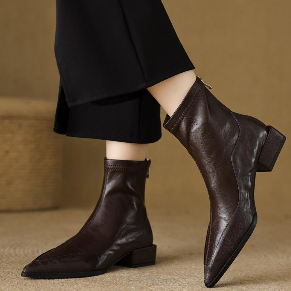Fashion Pointed Elastic Thin Boots Women's 2025 Autumn Winter New Thick Heel Short Boot Women's Retro Brown Chelsea Boot Medium Boots
