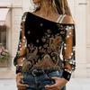 Women Plus Size Asymmetric Off Shoulder Long Sleeve Floral Print T Shirt Sheer Sleeve