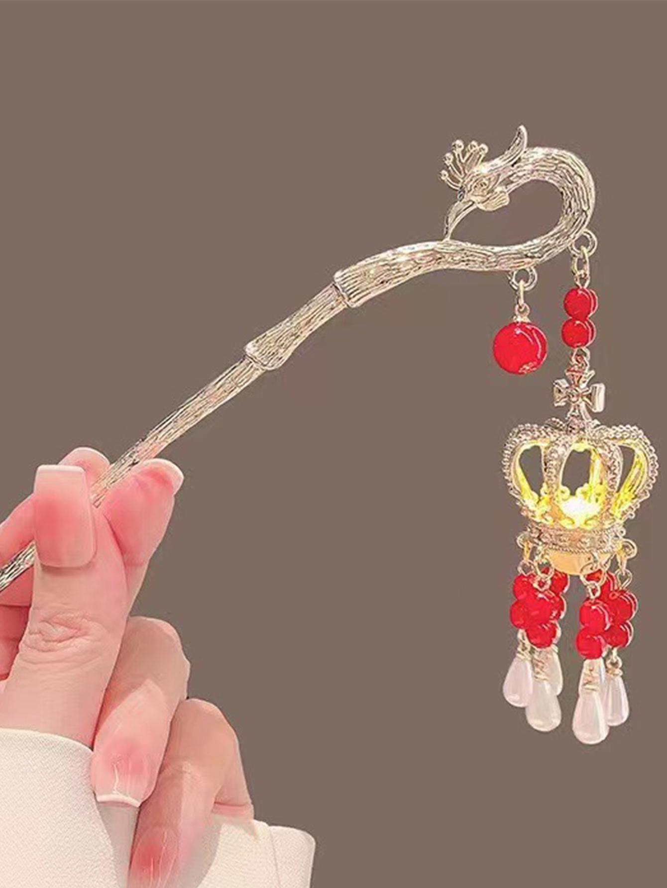 

1 шт. Модные изысканные светящиеся фонарики-короны, красные жемчужные кисточки, палочки для волос для женщин, девочек, аксессуары для волос для вечеринок