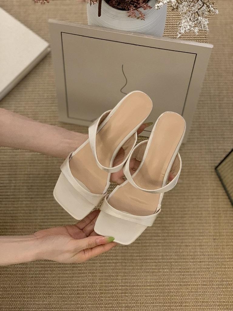 Wedge Heel Silver Simple One-word Slippers Women's Shoes Outer Wear 2025 Summer Low Heel Temperament with Skirt Sandals