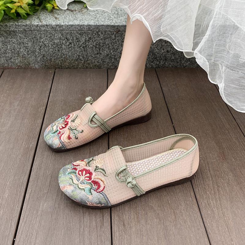Edison Embroidery One Pedal Summer Mesh Breathable Women's Soft-soled Middle-aged and Elderly Mother Flat-soled Old Beijing Cloth Shoes