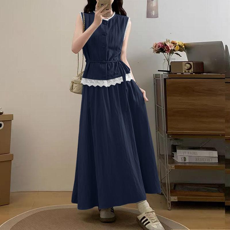 

ZANZEA Женские летние майки и длинные юбки, повседневные костюмы-двойки XL темно-синий