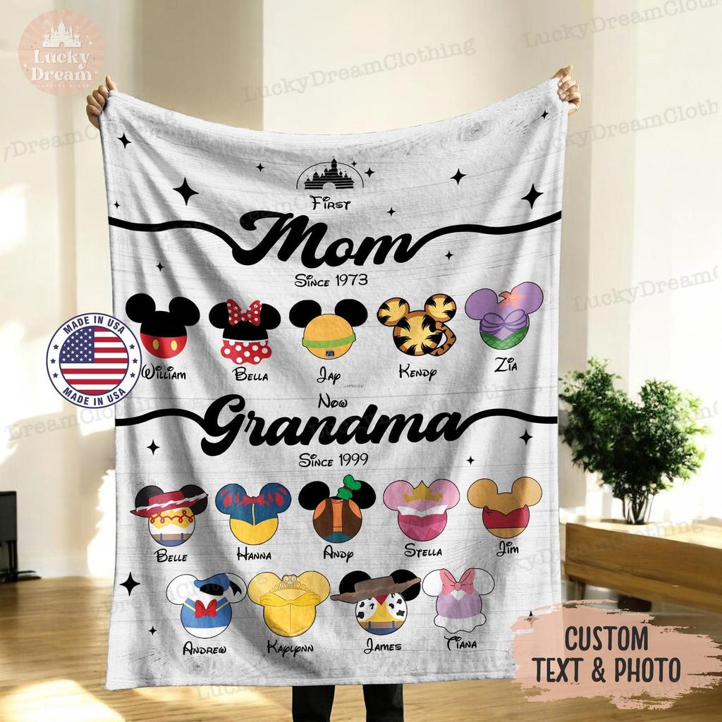 Personalized Disney Blanket First Mom Now Grandpa Ever Sign, Custom Disney Characters Sign,Mothers Day Gift For Pawpaw Husband Blanket Ideal