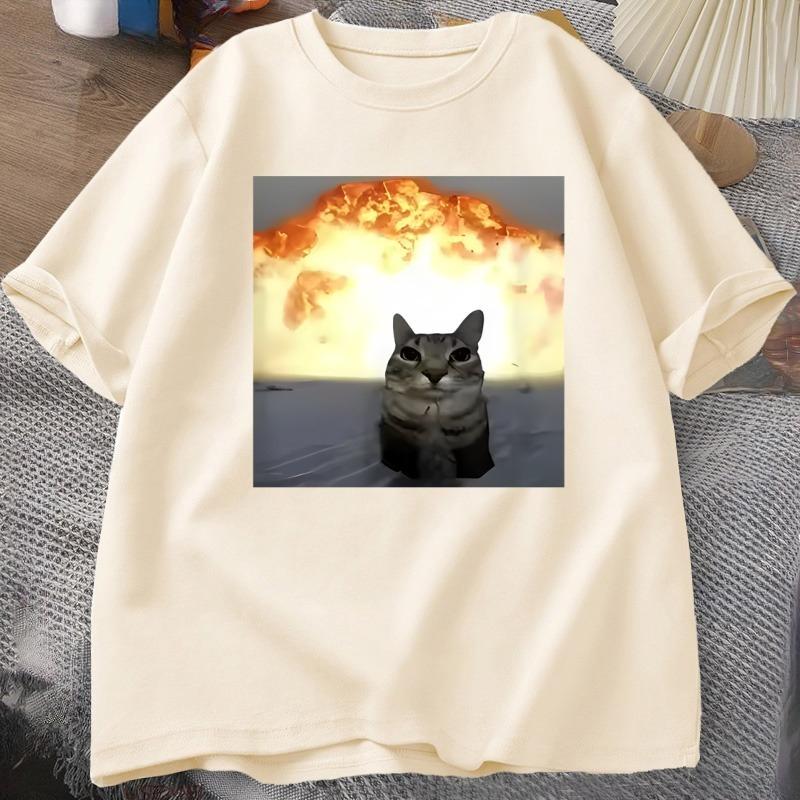 Whimsical Cat Explosion Print TShirt Unisex Women Loose Cotton Funny Short Sleeve T Shirt Cat Lover Tees Unisex Tops Y2k Clothes