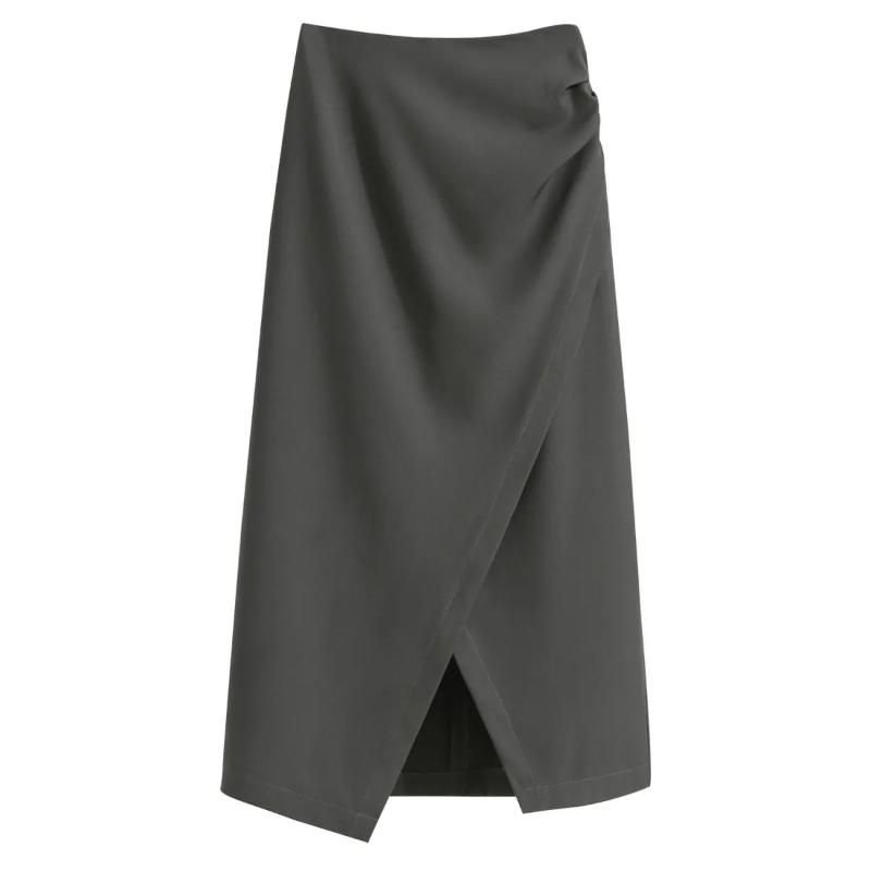 Женская темно-серая юбка-миди с высокой талией, асимметричный дизайн с запахом, офисная юбка S серый