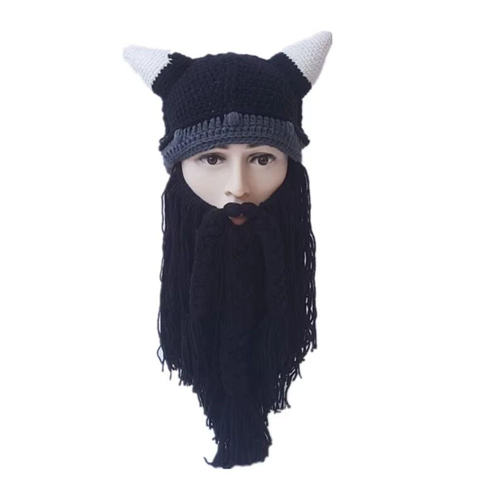 Handmade Knit Viking Beard Beanie Horn Hat Big Beard Mask Hat Wig Beard Hats Christmas Party