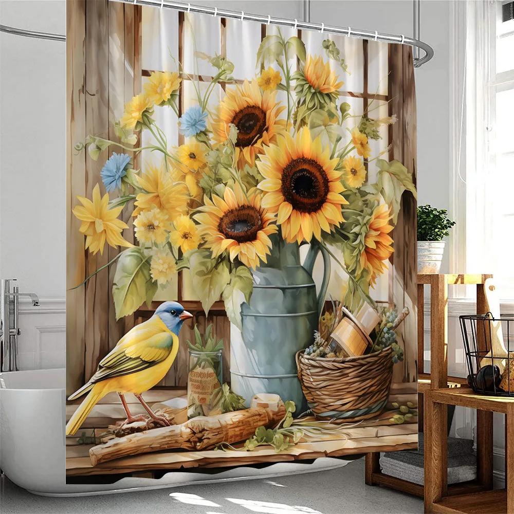 Sunflower Farmhouse Shower Curtain Countryside  Autumn FLowers Birds Butterfly Floral Bathroom Decor Polyester Bathtub Curtain
