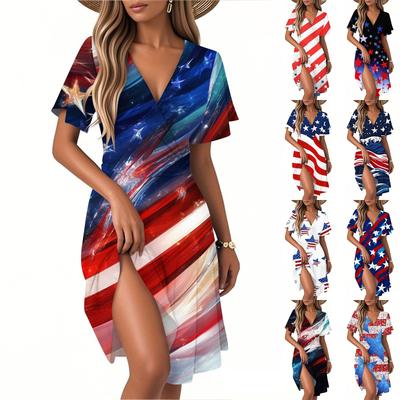 Women's Summer Fashion Independence Day Printed Dress Casual Beach A-line V-neck Loose Sundress