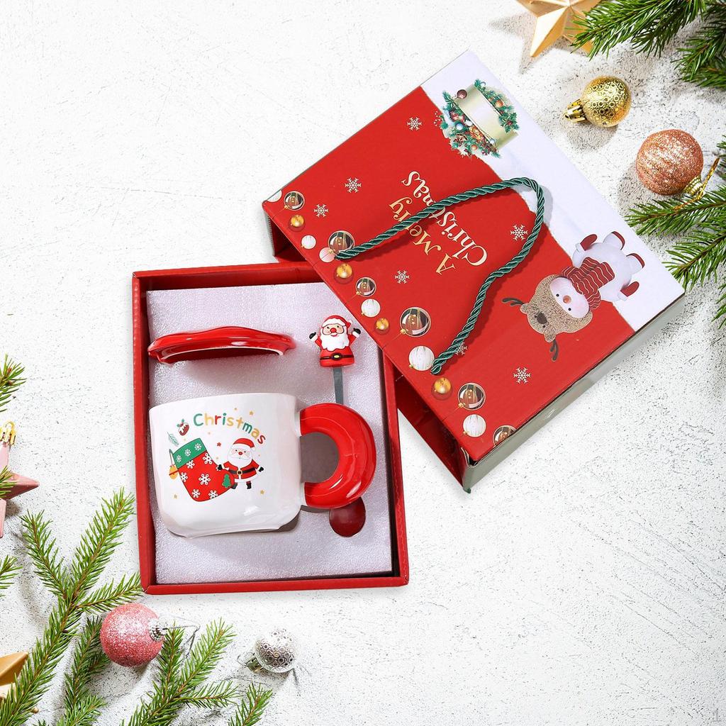 Christmas Mug Set Water Cup Lightweight Santa Cute Tea Coffee with Lid Spoon for Winter