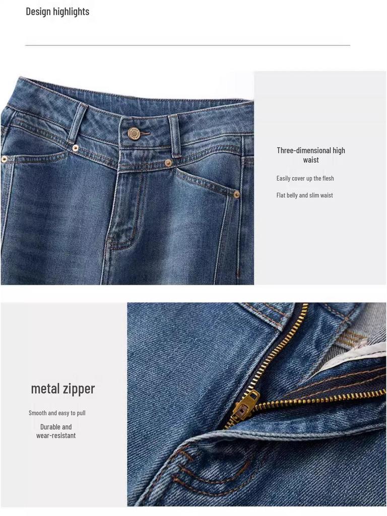 Spring 2025 Women's Dark Blue Retro Wide-Leg Jeans: High-End, Floor-Length, Loose Straight-Leg Pants