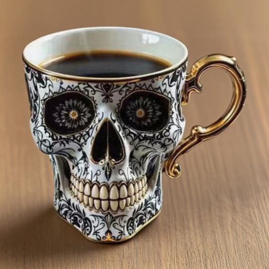 Gothic Skull Coffee Mug Royal Skeleton Cup with Gold Trim Resin Goth Tea Cup Unique Halloween Gift for Skull Lovers