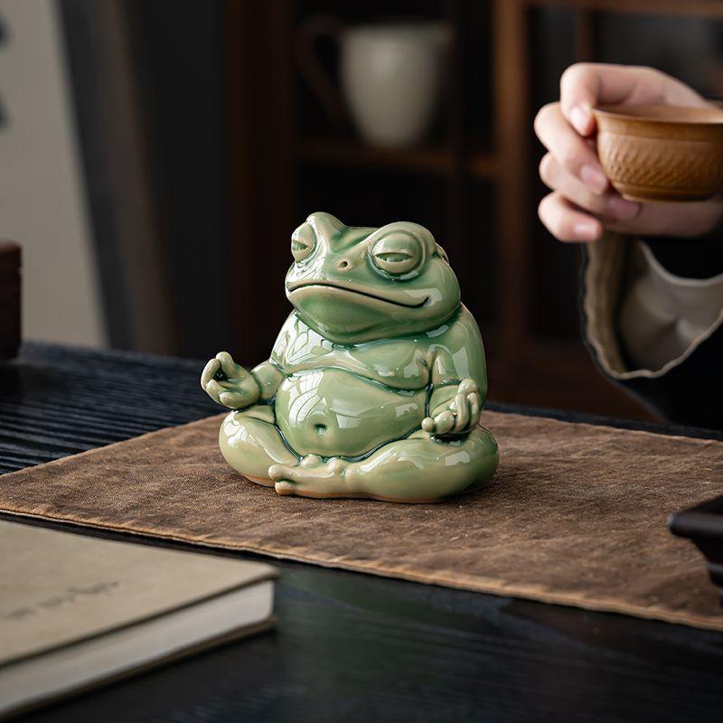 Green Glaze Zen Heart Frog Tea Pets Ornament Size Handmade Ceramic Frog Tea Table Ornament Teaware Set Accessories