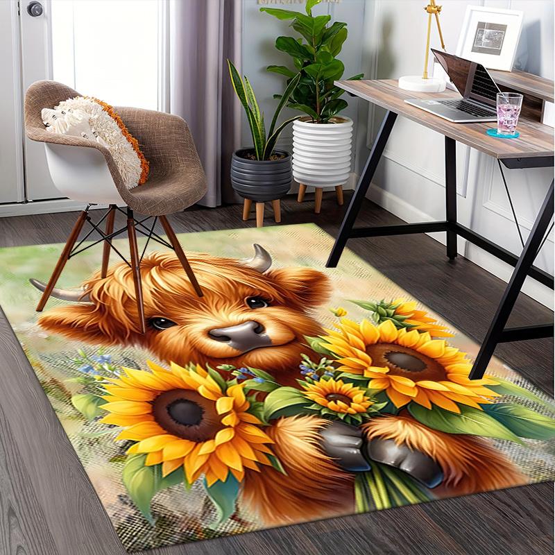 Highland Bull Theme Sunflower Chair Mat Office Carpet, Large Rug for Home Decor, Desk Pad Gift, Suitable for Bedroom, Living Room, Various Rooms