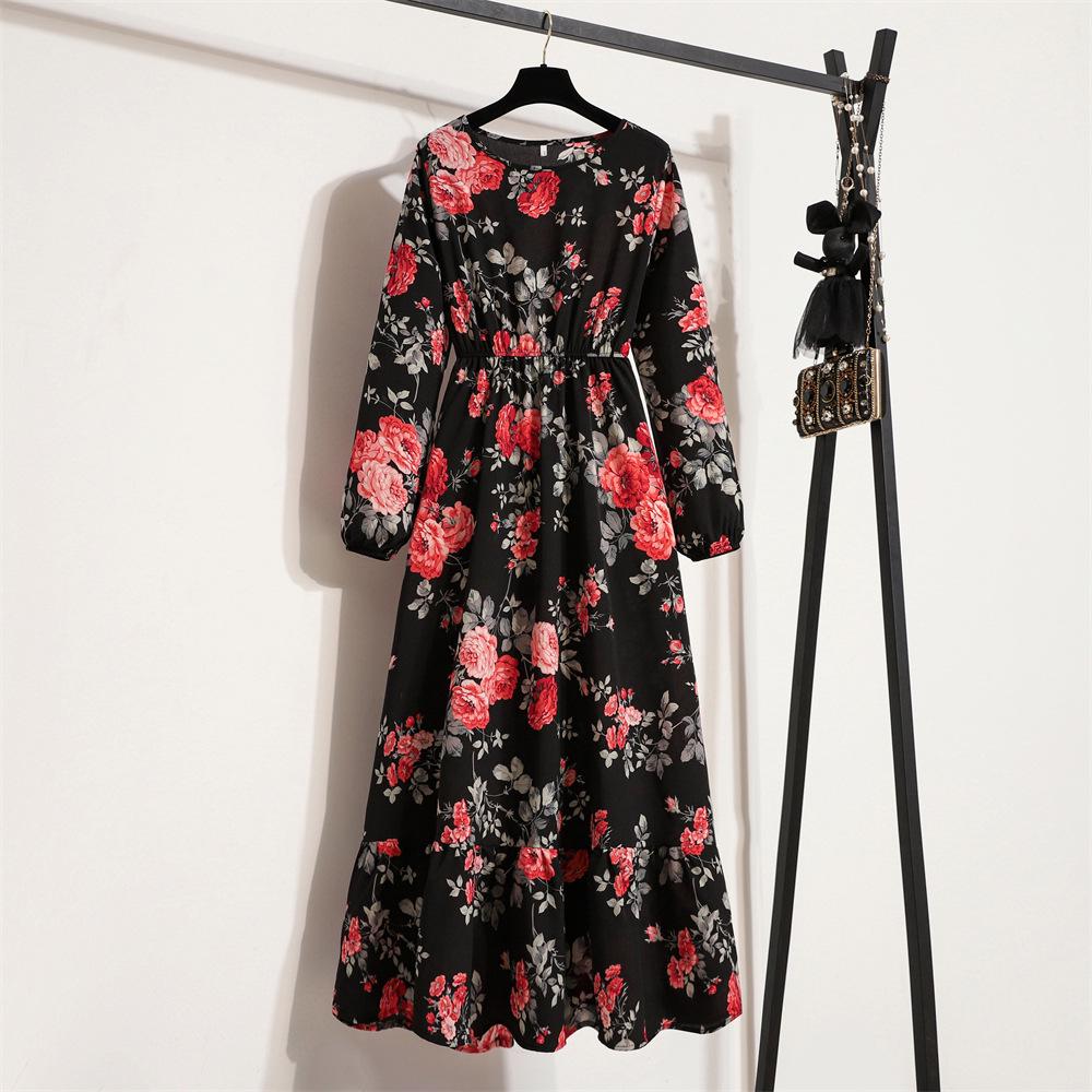 2022 European & American Floral A-Line Dress - Spring, Long Sleeve, Round Neck, Slim Fit