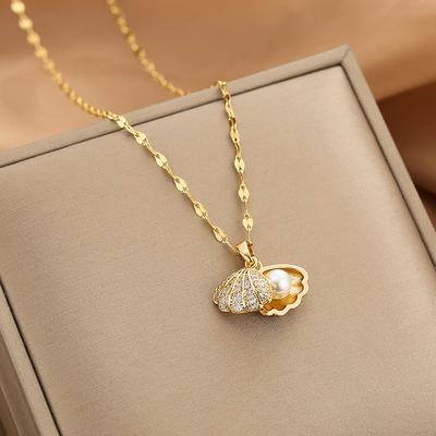 Mode Hohl Offene Jakobsmuschel Halskette Echtes Gold Farbe Shell Form Simulierte Perle Edelstahl Halskette frauen Schmuck