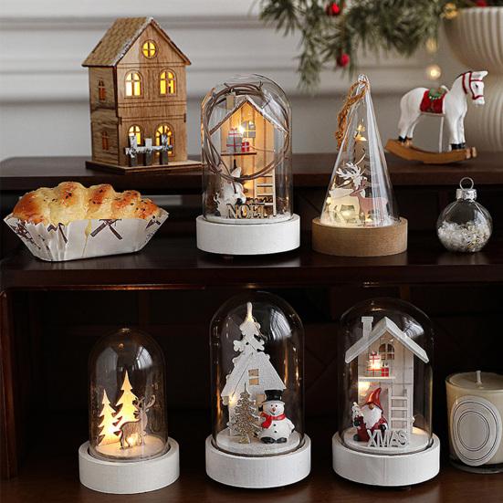 Christmas Figures In Glass Dome Tabletop Decoration LED Light Up Christmas Cloche Ornaments for Indoor Home Tabletop Decor