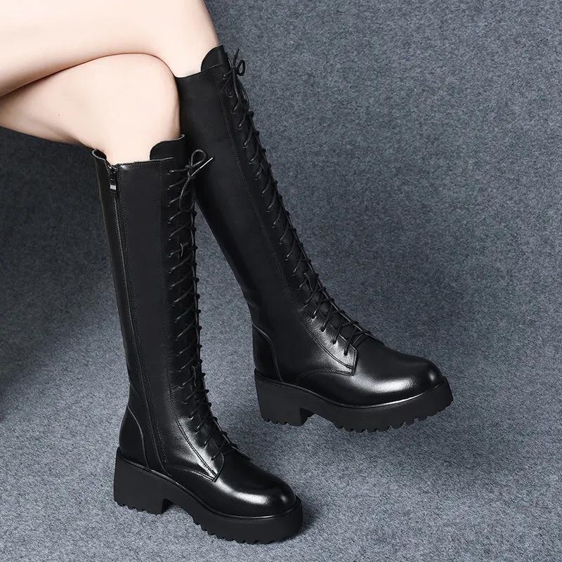 

WTEMPO женские теплые зимние ботинки из мягкой искусственной кожи, осенне-зимние сапоги большого размера, плюшевые длинные ботинки на шнуровке на толстом среднем каблуке 35 чёрный