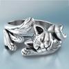 Vintage 925 Silver Black Adjustable Cat Ring for Women Open Cute Kitty Jewelry Gothic Boho