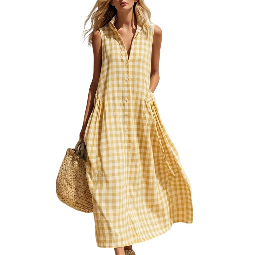 Women’s Sleeveless Maxi Dress Button Down Loose Fit Long Dress with Collared Neckline for Beach or Vacation Wear