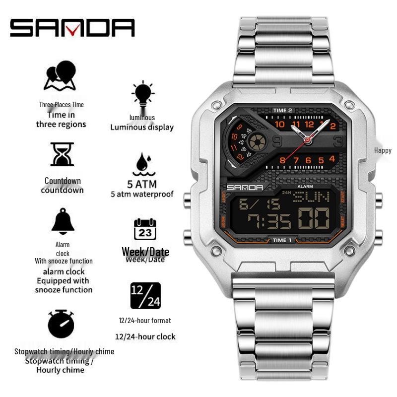 SANDA Men's Luxury Quartz Watch - Steel Band, Waterproof, Three-Time Zone, Versatile for Casual and Workplace Wear.
